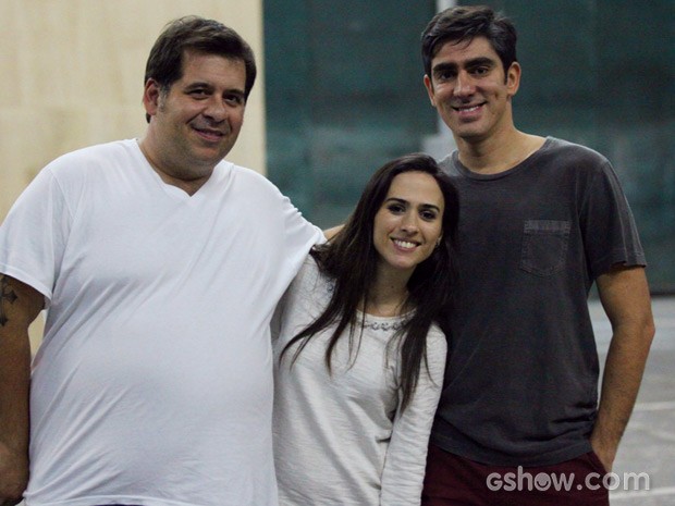 Leandro Hassum, Tatá Werneck e Marelo Adnet no ensaio (Foto: Carol Caminha / TV Globo)