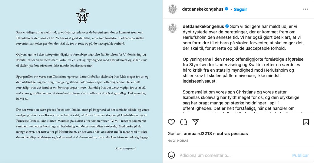 O comunicado na conta oficial da Família Real da Dinamarca anunciando a saída do Príncipe Christian de seu antigo colégio (Foto: Instagram)