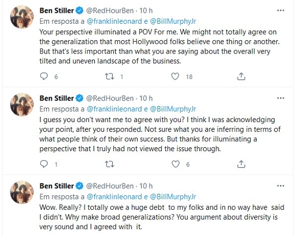 Os tuítes de Ben Stiller em resposta às acusações de nepotismo em Hollywood (Foto: Twitter)