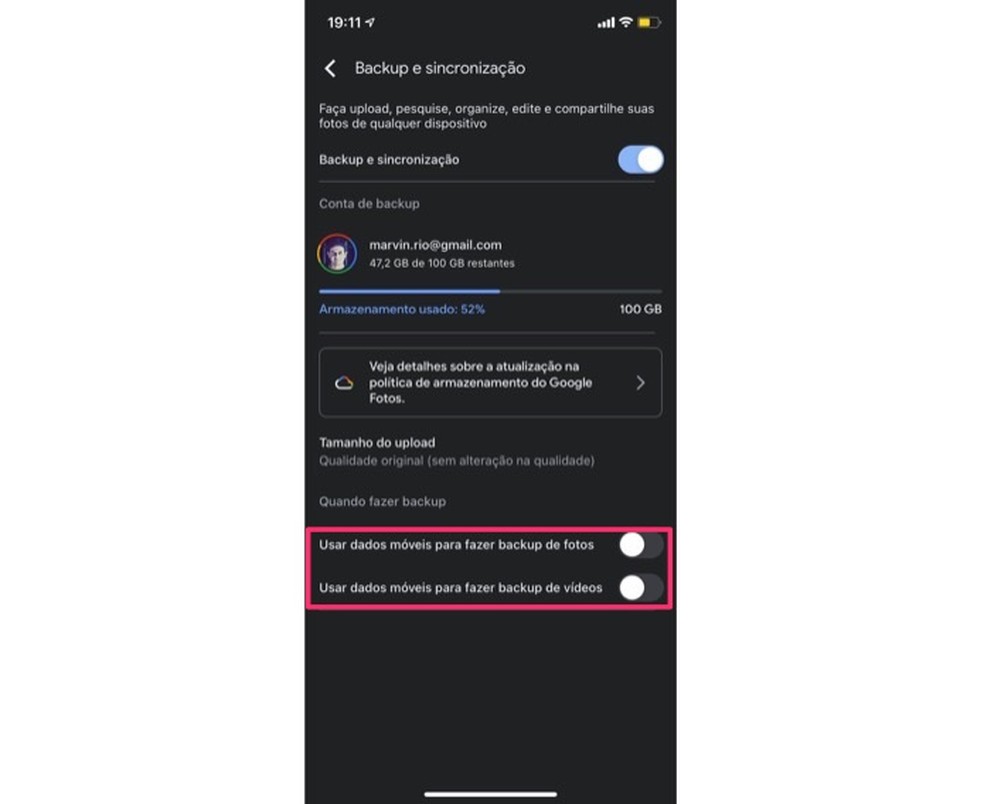 Ação para gerenciar o tipo de conexão utilizada pelo Google Fotos para realizar o backup e sincronização de mídias — Foto: Reprodução/Marvin Costa