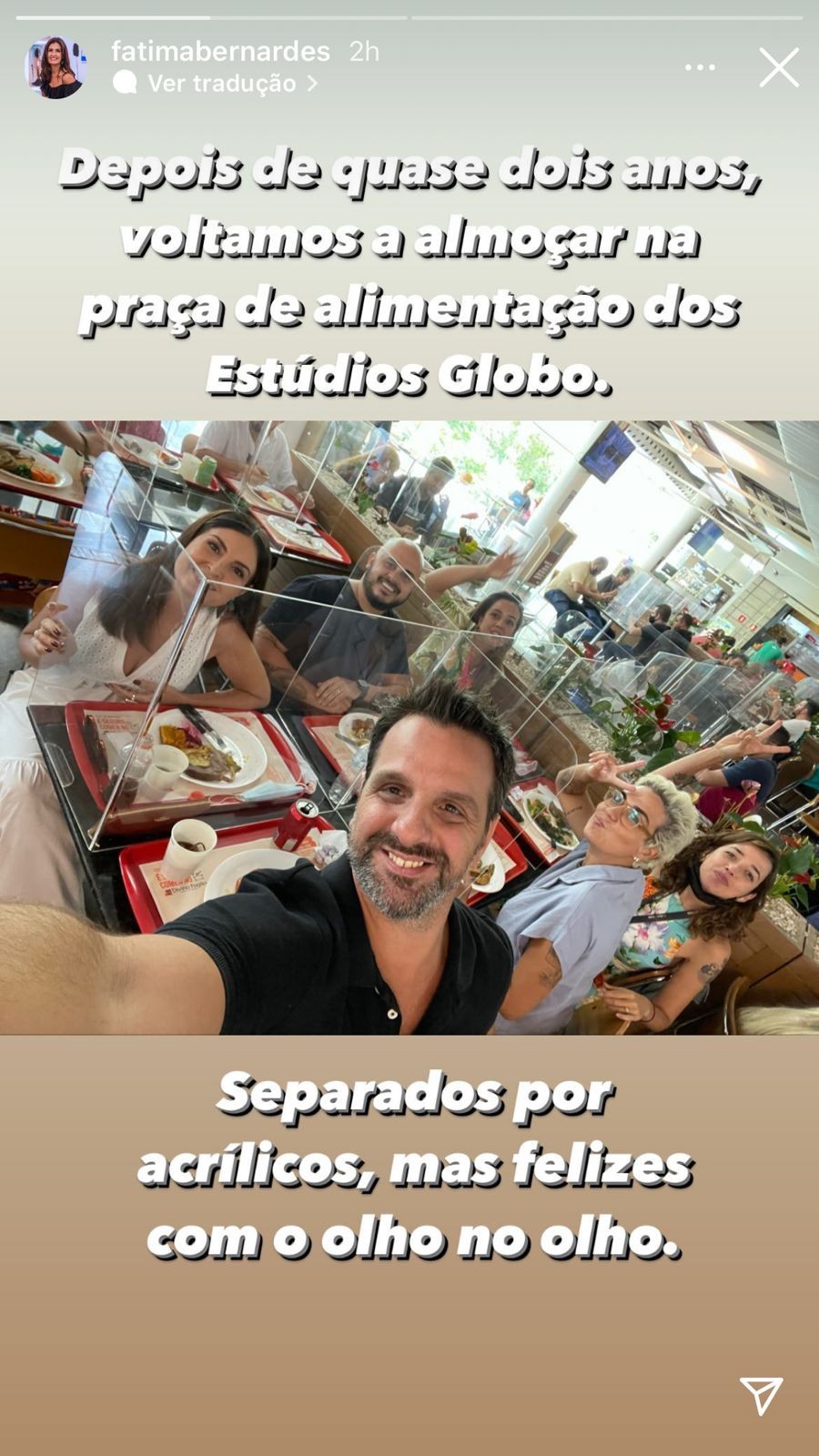 Fátima Bernardes comemora almoçar em refeitório dos Estúdios Globo (Foto: Reprodução/Instagram)