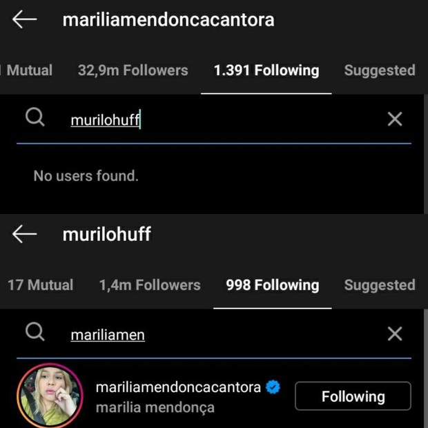 Marilia Mendonça para de seguir Murilo Huff nas redes (Foto: Reprodução/Instagram)