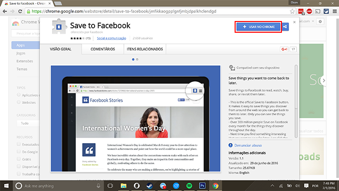 Save to Facebook é uma extensão para Google Chrome para guardar conteúdo e links (Foto: Reprodução/Elson de Souza)