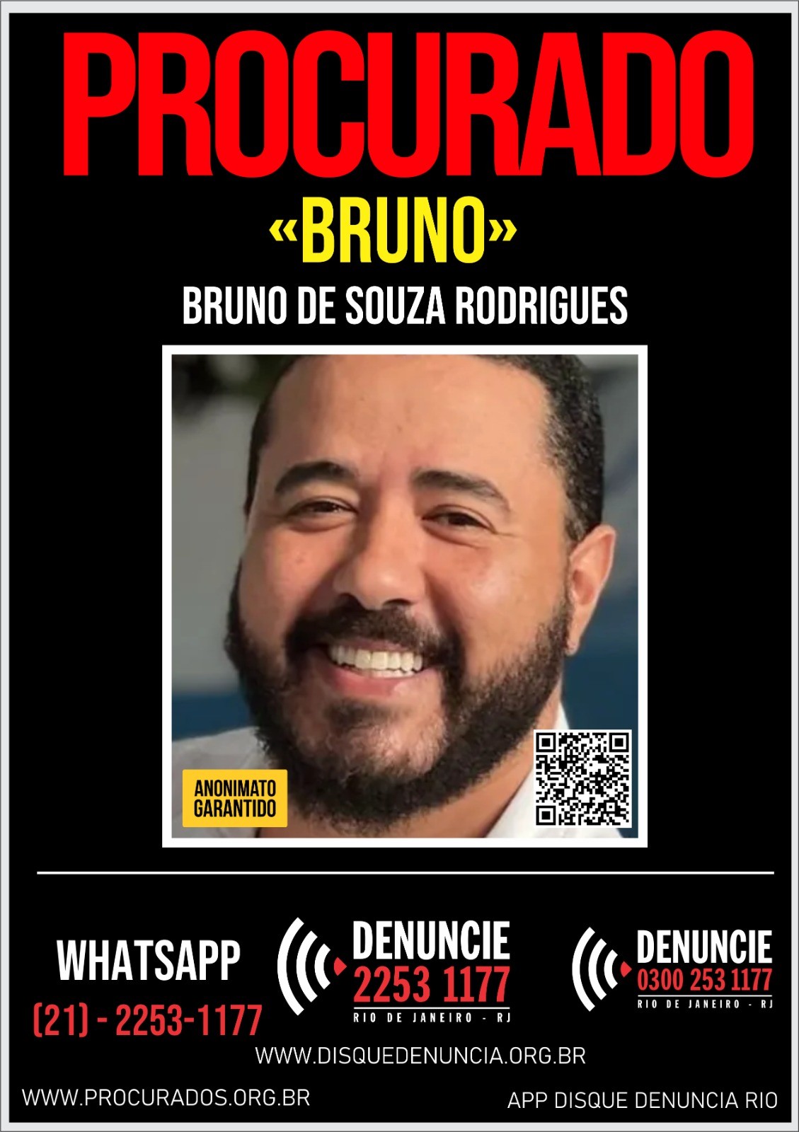 Jeff Machado: Disque denúncia divulga cartaz com foto de Bruno Rodrigues, suspeito pelo homicídio