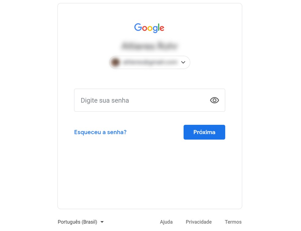 Botão'Esqueceu a senha' no login da conta Google permite acessar todas as funções para recuperar a conta. — Foto: Reprodução