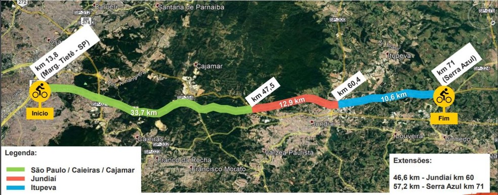 Projeto mostra por onde passará ciclovia que ligará capital a Itupeva — Foto: Divulgação/Artesp
