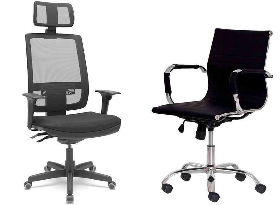 Cadeiras de escritório presidente (à esq.) e diretor (à dir.) primam pelos materiais mais nobres e componentes ergonômicos