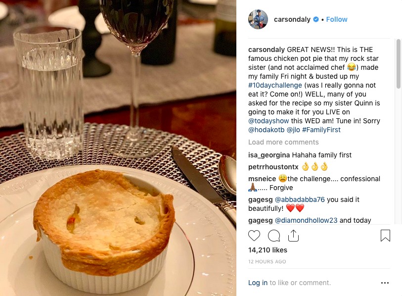 O post no qual o apresentador de TV Carson Daly pede desculpas por desistir de desafio de dieta proposto por Jennifer Lopez (Foto: Instagram)