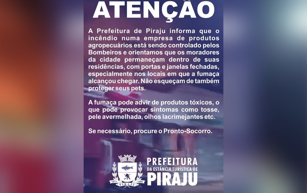 Prefeitura emite alerta de intoxicação após incêndio em Piraju — Foto: Minuto do Amorim/ Divulgação 