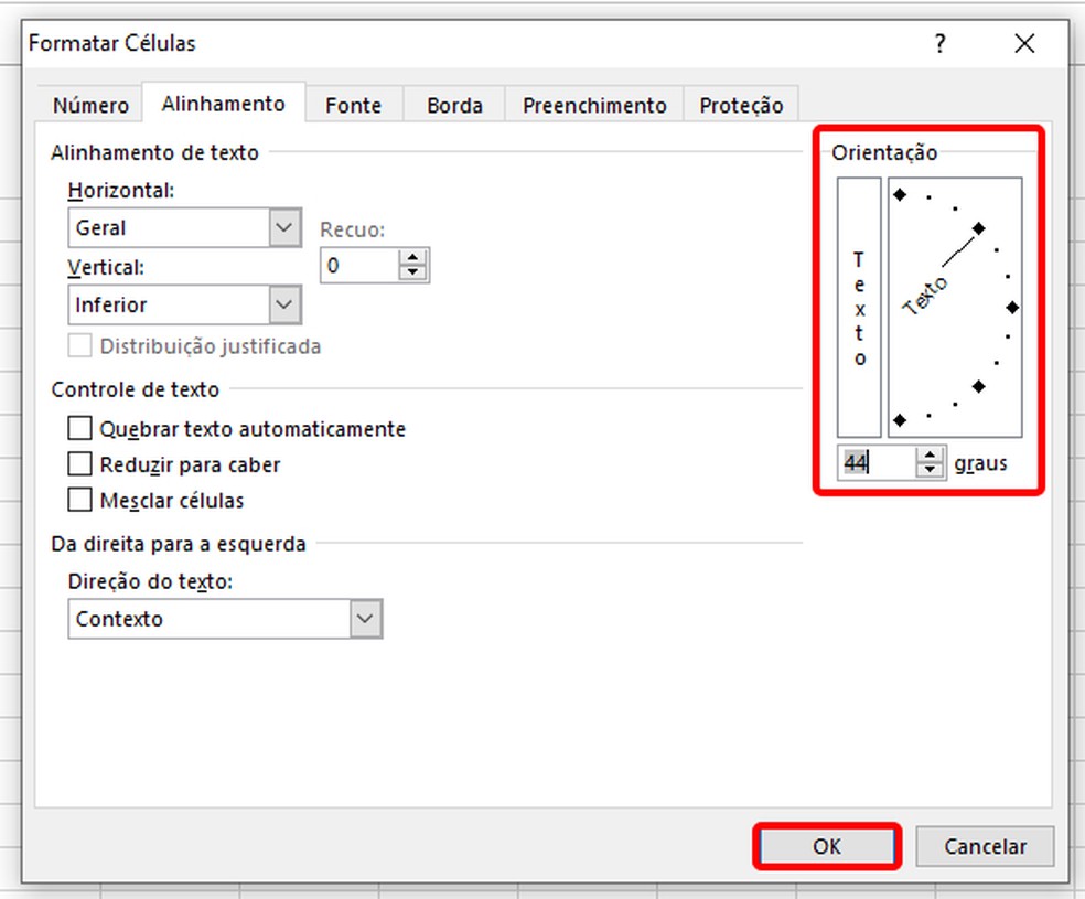 Excel permite colocar texto na Excel por meio de ferramenta de orientação e ângulo — Foto: Reprodução/Rodrigo Fernandes