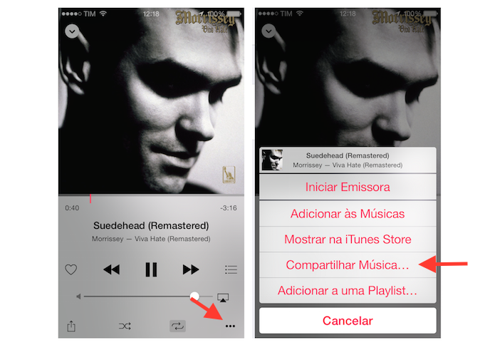 Acessando as opções de compartilhamento de uma música pelo player do Apple Music para iPhone (Foto: Reprodução/Marvin Costa)