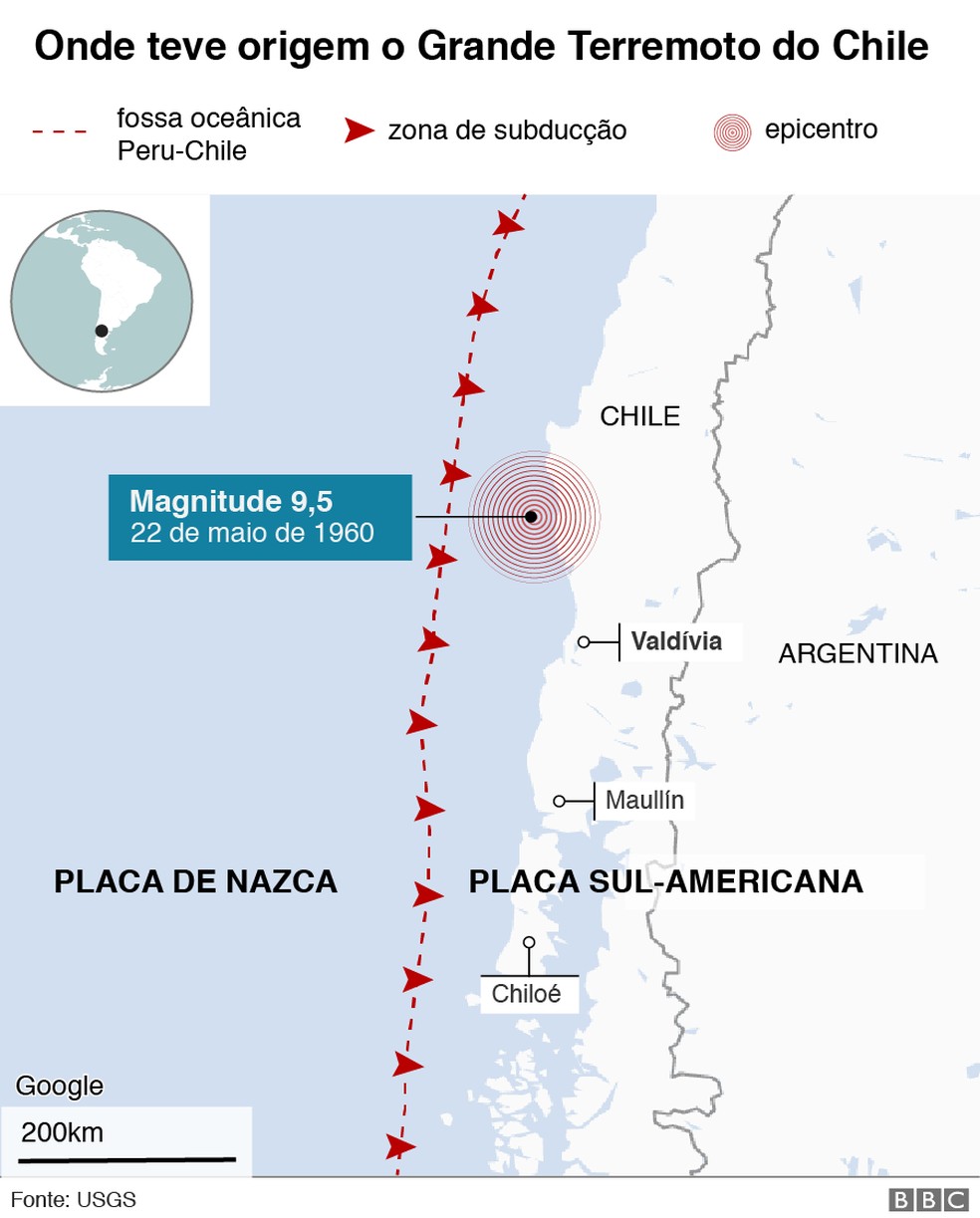 Onde teve origem o grande terremoto do Chile — Foto: BBC