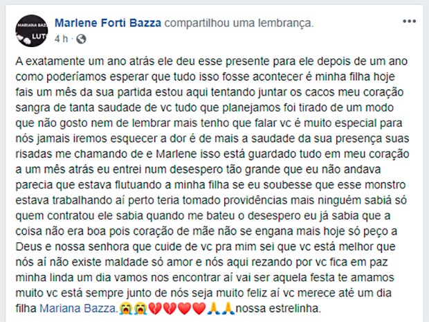 A mãe Marlene compartilha um texto emocionante após um mês do assassinato da filha, Mariana Bazza (Foto: Reprodução/Facebook)