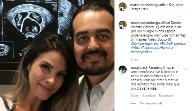 Marcelo de Nóbrega celebra gravidez de trigêmeos da mulher, Lutha Gomes de Nóbrega (Foto: Reprodução/Instagram)