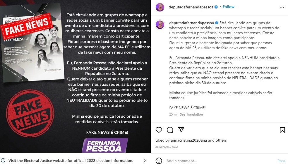 Embora uma ala do partido tenha aberto palanque a Bolsonaro no CearÃ¡, a deputada reeleita  Fernanda Pessoa (UniÃ£o-CE) desmentiu notÃ­cia de que participaria de apoio â Foto: ReproduÃ§Ã£o