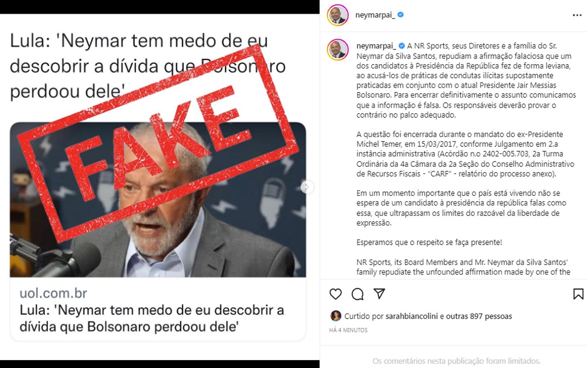 Pai de Neymar se pronuncia sobre julgamento na Espanha e critica Lula (Foto: Reprodução/Instagram)