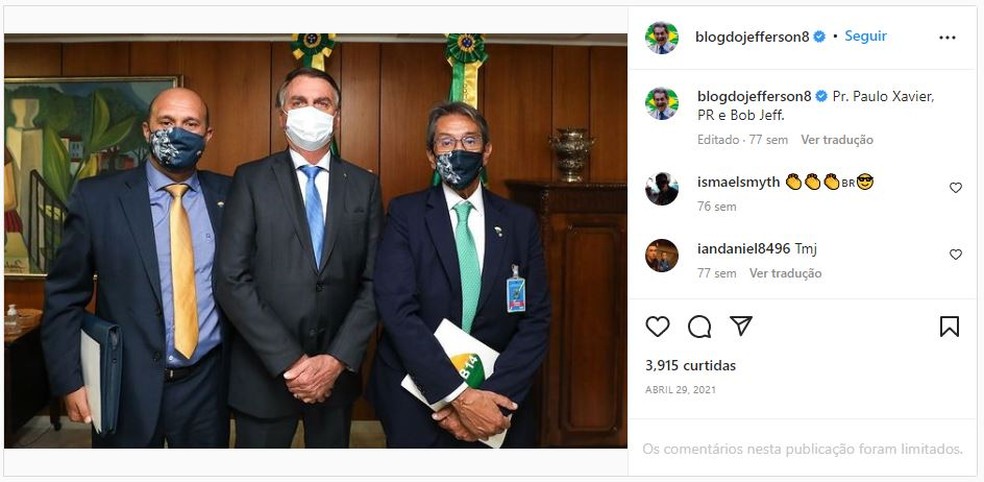 Bolsonaro e Roberto Jefferson em foto postada em abril de 2021 — Foto: Reprodução/Instagram
