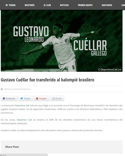 Deportivo Cali confirma venda de Gustavo Cuéllar para o Flamengo