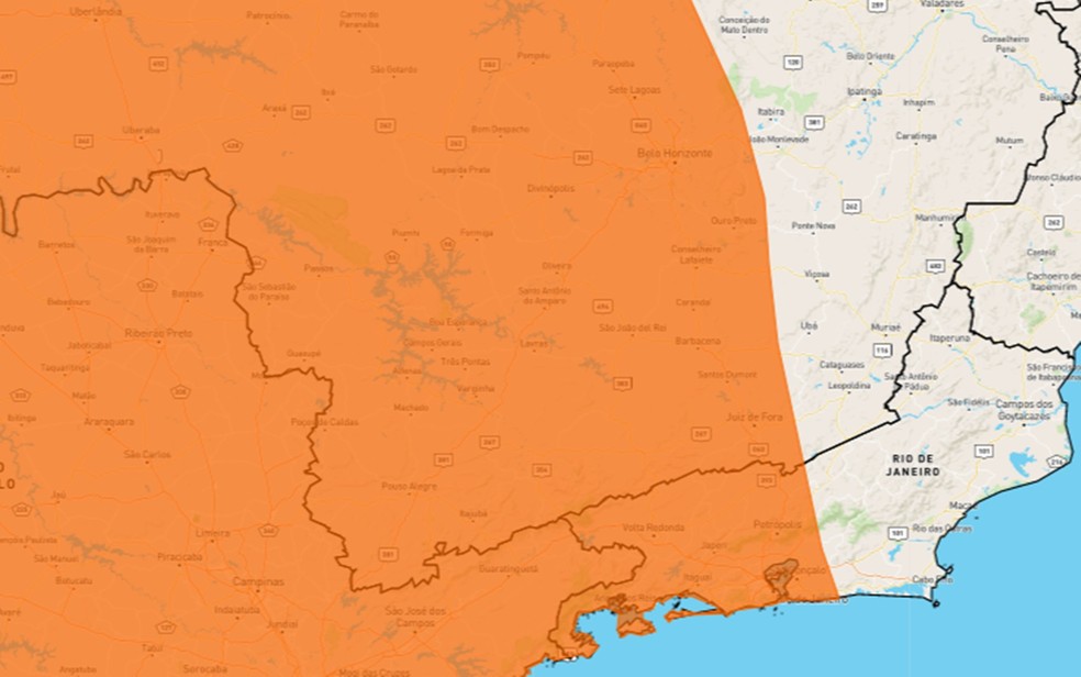 INMET divulga alerta 'laranja' para chuvas intensas nas próximas horas no Sul de MG — Foto: Reprodução INMET