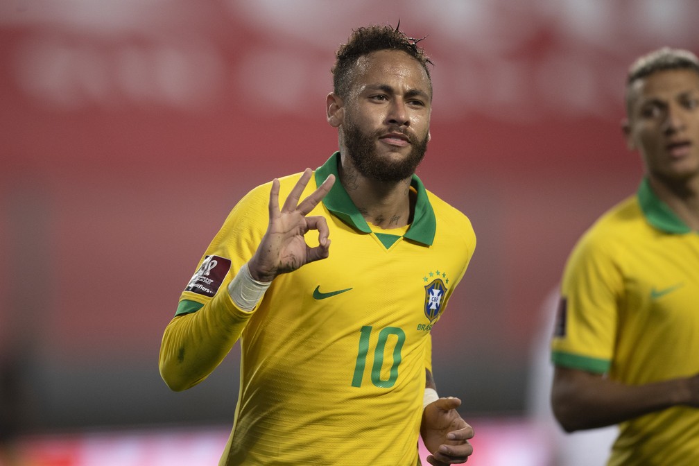 Neymar comemora seu terceiro gol pelo Brasil contra o Peru � Foto: Lucas Figueiredo/CBF