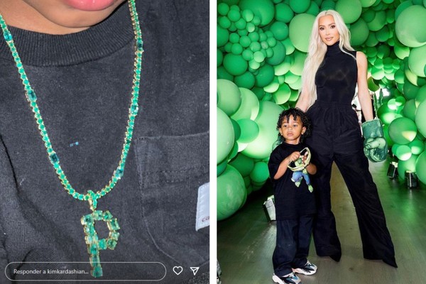 Kim Kardashian é criticada por ostentar colarzão de R$ 1 milhão do filho Psalm, de 3 anos (Foto: Reprodução/Instagram)