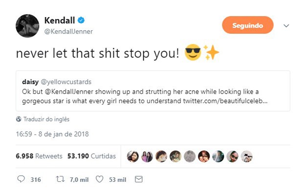 Kendall Jenner responde a  haters após exibir espinhas no Globo de Ouro (Foto: Reprodução/Twitter)