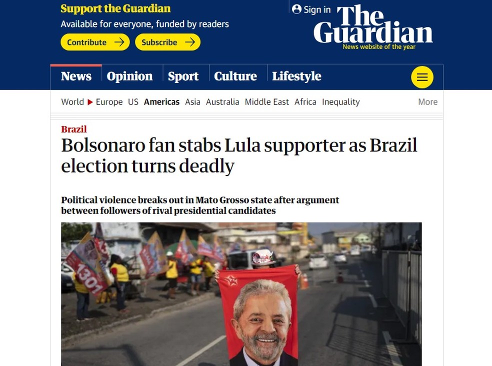 Jornal inglÃªs 'The Guardian' noticia assassinato com motivaÃ§Ã£o polÃ­tica no Brasil â Foto: ReproduÃ§Ã£o