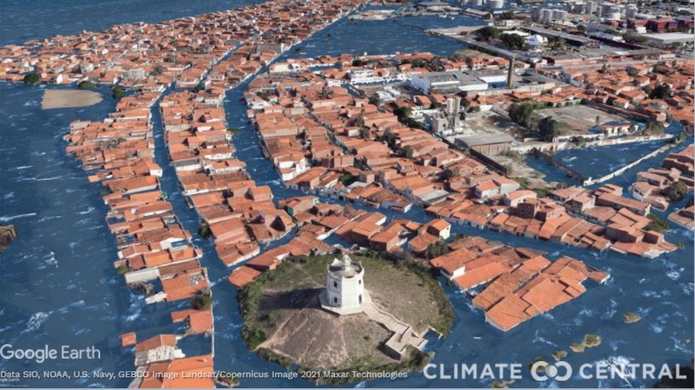 Fortaleza, região do Farol do Mucuripe: projeção com aumento de 3°C — Foto: Climate Central/Divulgação