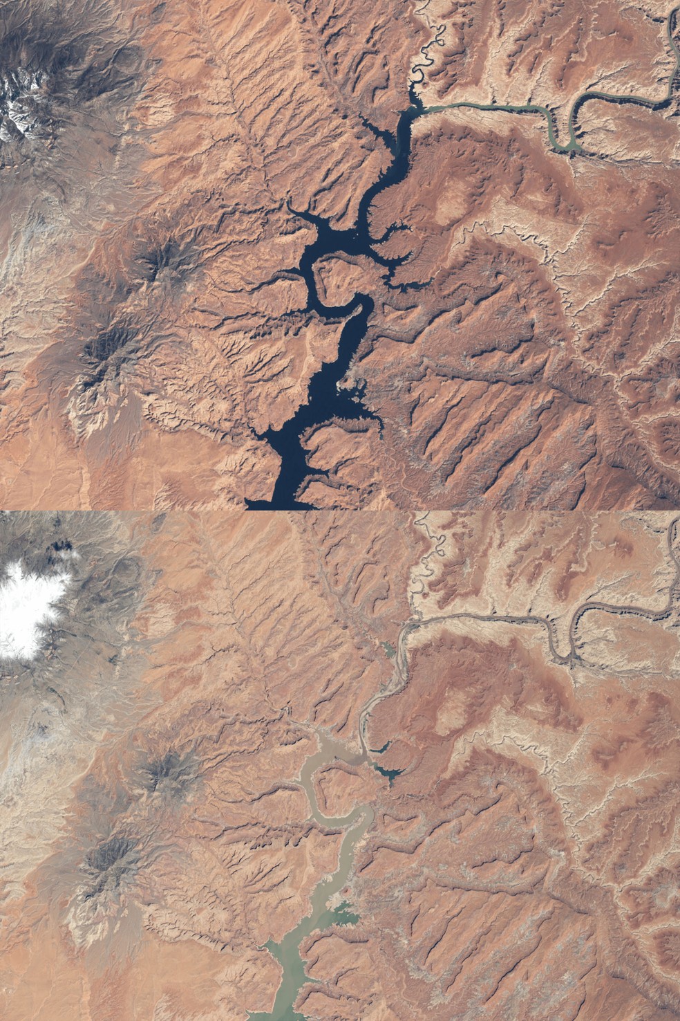 Seca no Lago Powell, Arizona e Utah, nos Estados Unidos — Foto: NASA