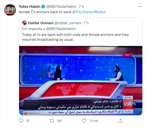 TOLOnews, transmitido de Cabul, volta a ter âncoras mulheres (Foto: Reprodução Twitter)