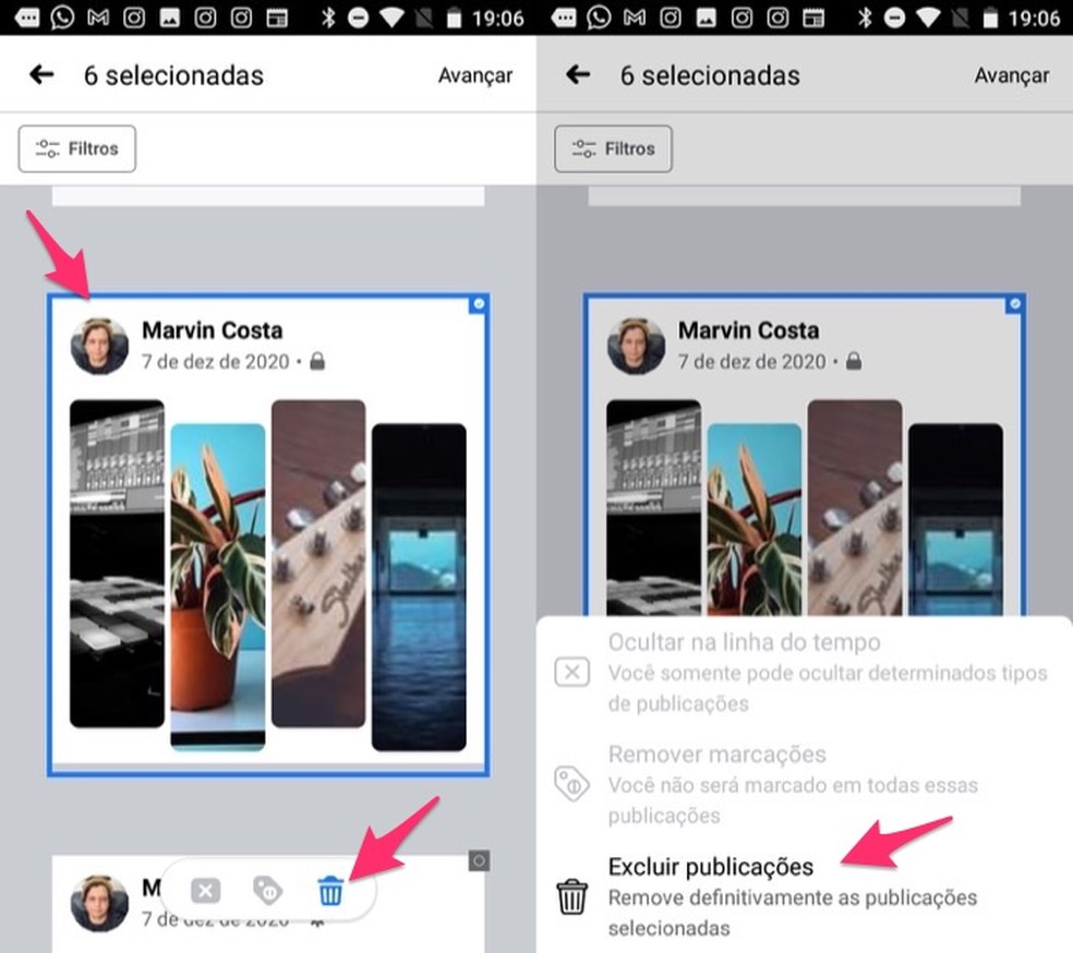Imagens mostram como excluir todas as publicações do Facebook pelo celular — Foto: Reprodução/Marvin Costa