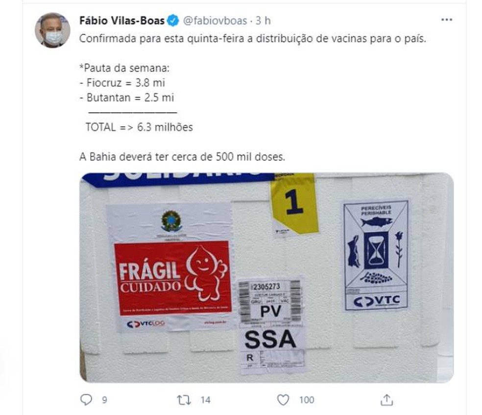 Bahia irá receber cerca de 500 mil doses da vacina contra a Covid-19 na quinta-feira, diz secretário estadual da Saúde — Foto: Reprodução/Redes Sociais