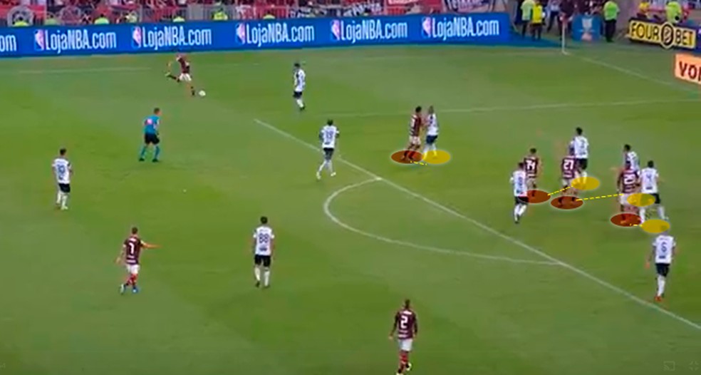 Cruzamento do Flamengo: atacantes buscam ocupar a área — Foto: Leonardo Miranda