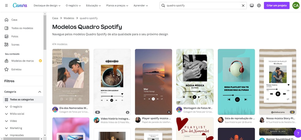 Faça quadros decorativos do Spotify personalizados com o Canva — Foto: Reprodução/Caroline Silvestre