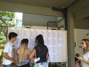 Candidatos conferem as salas no mural colocado no CTC, em Florianópolis (Foto: Joana Caldas/G1)