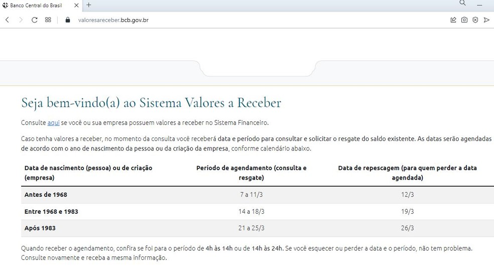 Site oficial do Banco Central do Brasil para consulta de valores esquecidos em bancos e instituições financeiras — Foto: Reprodução