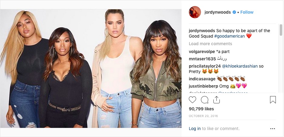 O post de Jordyn Woods com a foto dela posando para a marca de Khloé Kardashian (Foto: Instagram)