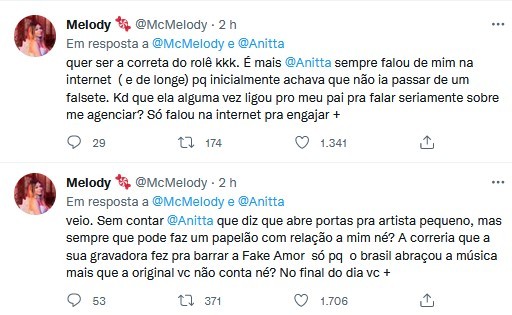 Melody critica Anitta no Twitter (Foto: Reprodução/Twitter)
