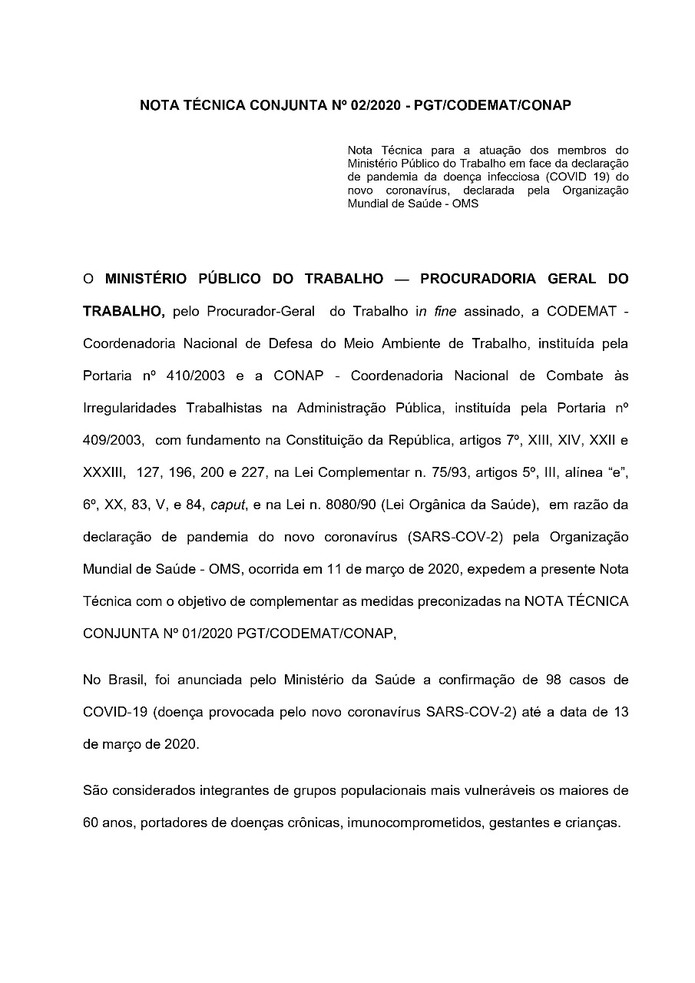 Nota Técnica MPT — Foto: Ministério Público do Trabalho