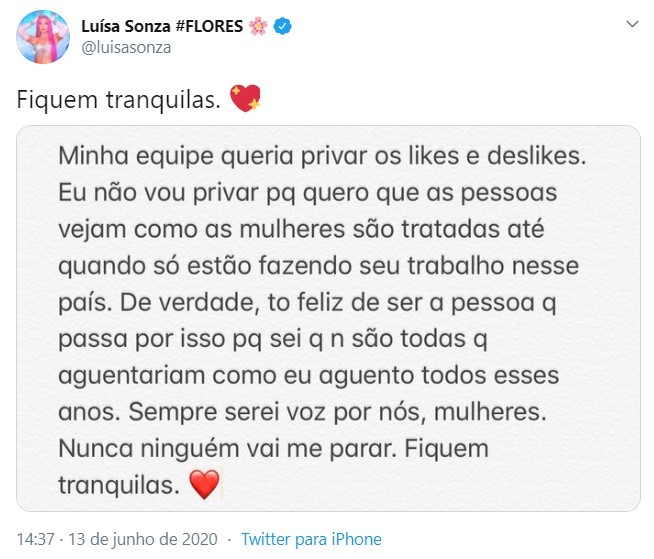 Luísa Sonza se pronuncia sobre a campanha de 
