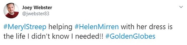 Um usuário do Twitter expressando sua surpresa com a foto mostrando Meryl Streep e Helen Mirren nos bastidores do Globo de Ouro 2020 (Foto: Twitter)