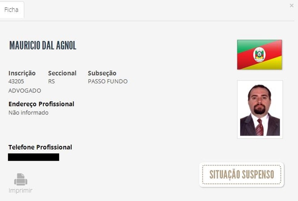 Cadastro de Dal Agnol, consultado no Cadastro Nacional dos Advogados, mostra suspensão  — Foto: Reprodução/CNA 