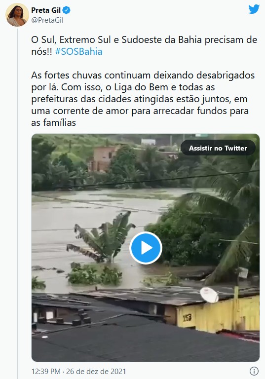 Preta Gil pede doações para a Bahia (Foto: Reprodução/Twitter) Preta Gil pede doações para a Bahia (Foto: Reprodução/Instagram)