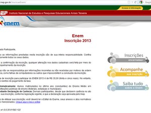 Site do Enem apresentava a frase "Inscrições encerradas" (no alto, à direita) (Foto: Reprodução)