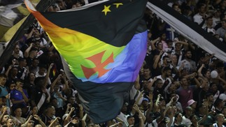 Torcedores do Vasco abrem bandeira do time com as cores da comunidade LGBTQIA+ durante o jogo contra o Operário, em São Januário — Foto: Alexandre Cassiano