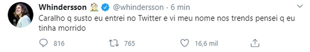 Whindersson Nunes reage a chegar aos trending topics do Twitter após separação de Luísa Sonza (Foto: Reprodução Twitter)