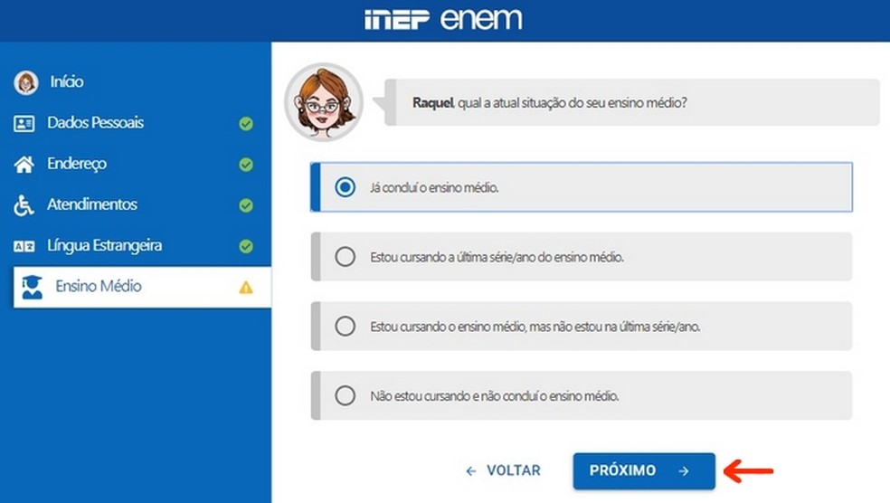 Seção sobre informações do ensino médio para inscrição no Enem 2023 — Foto: Reprodução/Raquel Freire