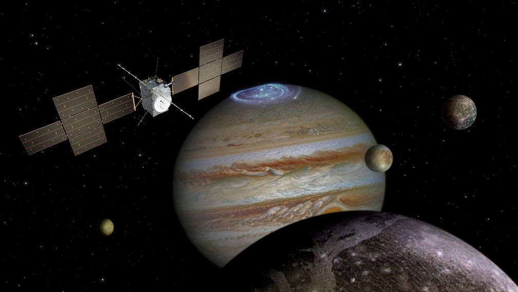 Representação artística mostra a sonda Juice com Júpiter e suas luas. — Foto: ESA/Divulgação