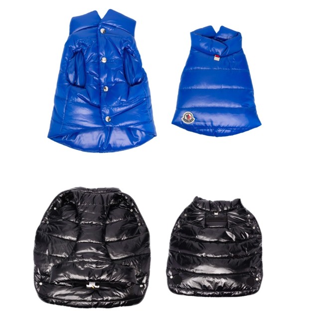 Peças da parceria entre Moncler x Poldo Dog Couture vendidas no Brasil por R$ 4.238 (azul) e R$ 5.435 (preto) (Foto: Reprodução / Farfetch)