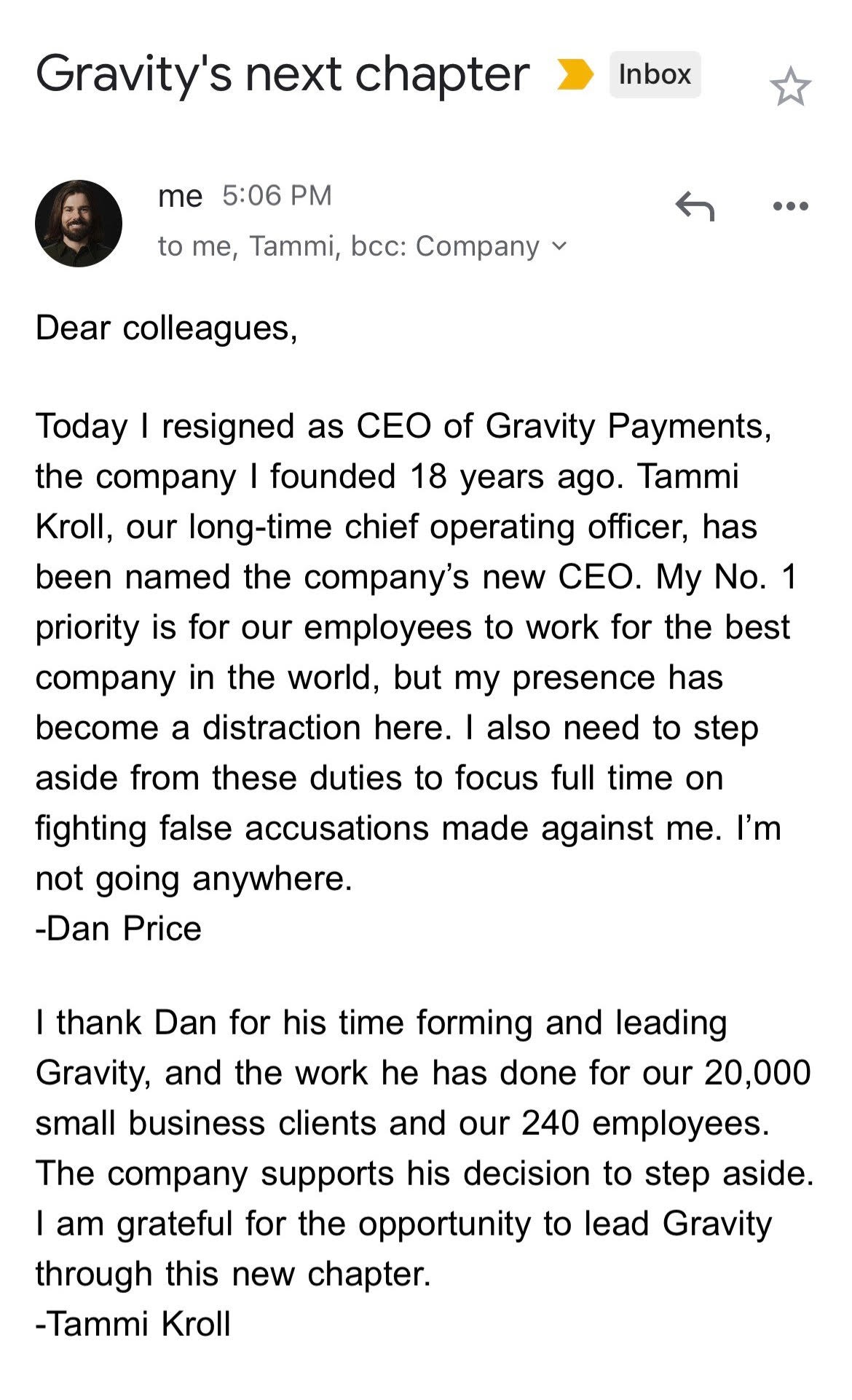 Dan Price publicou o e-mail que enviou para anunciar sua renúncia (Foto: Reprodução/Twitter)